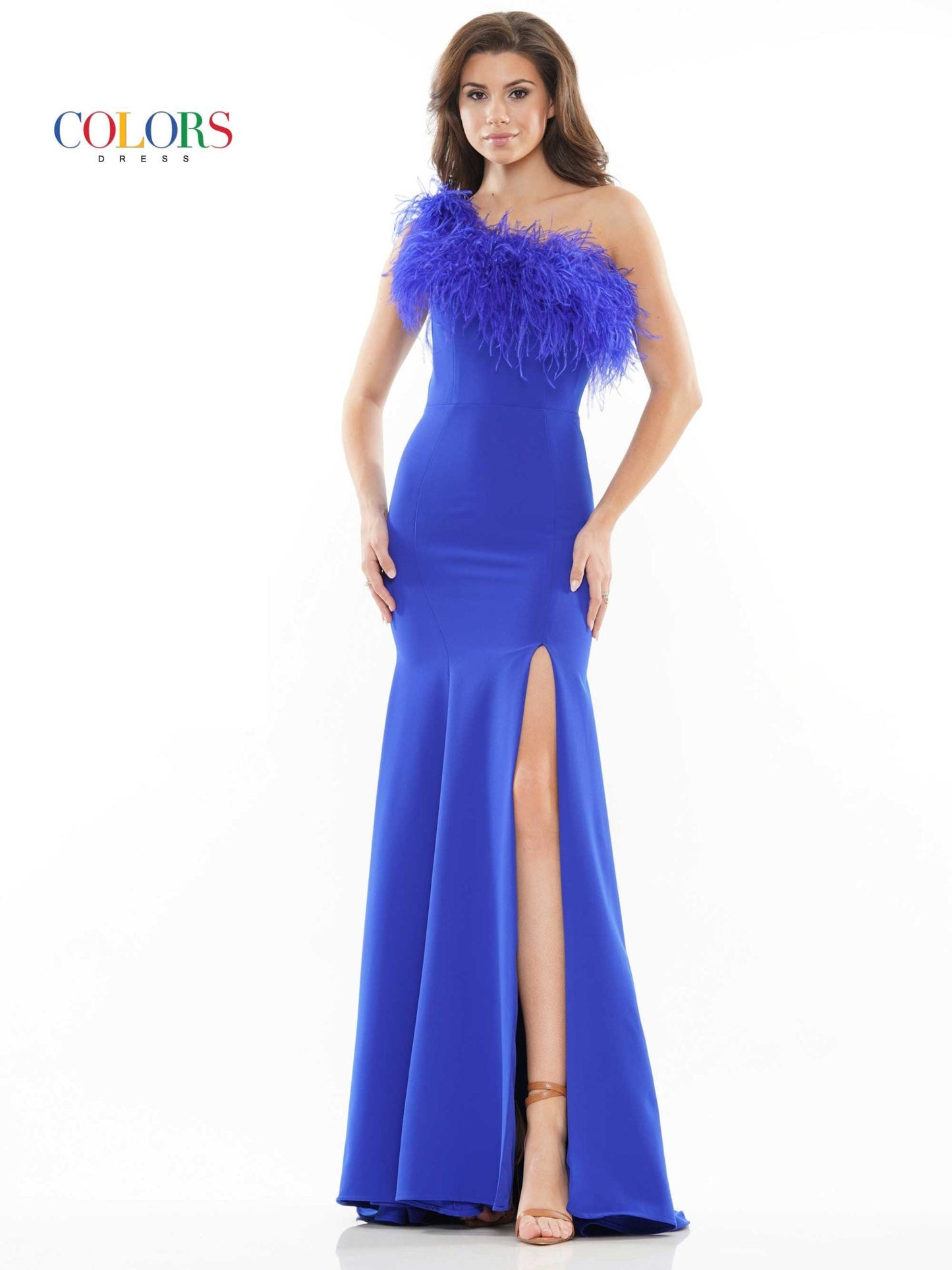 Colors Dress 2405 Fitted One Shoulder Feather Embellished Prom Dress Slit Gown 47″ one shoulder fit and flare crepe dress with ostrich feathers along the neckline, front slit  Available Sizes: 0-22  Available Colors: Black, Light Blue, Off White, Royal, Hot Pink