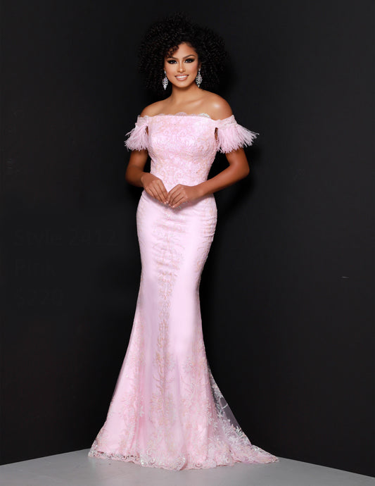 Johnathan Kayne 2412 Sequin Lace Mermaid Formal Dress Feather off the Shoulder Pageant  Available Sizes: 0-18  Available Colors: Rose Gold, Pink