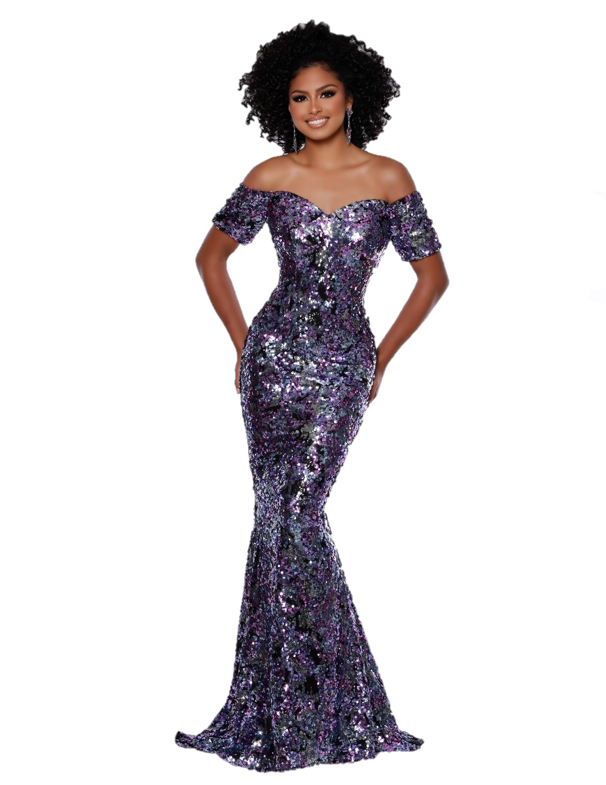 Johnathan Kayne 2417 Long Fitted Sequin off The shoulder Dress Formal Gown  Available Sizes: 0-18  Available Colors: Fuchsia/Multi, Purple/Multi
