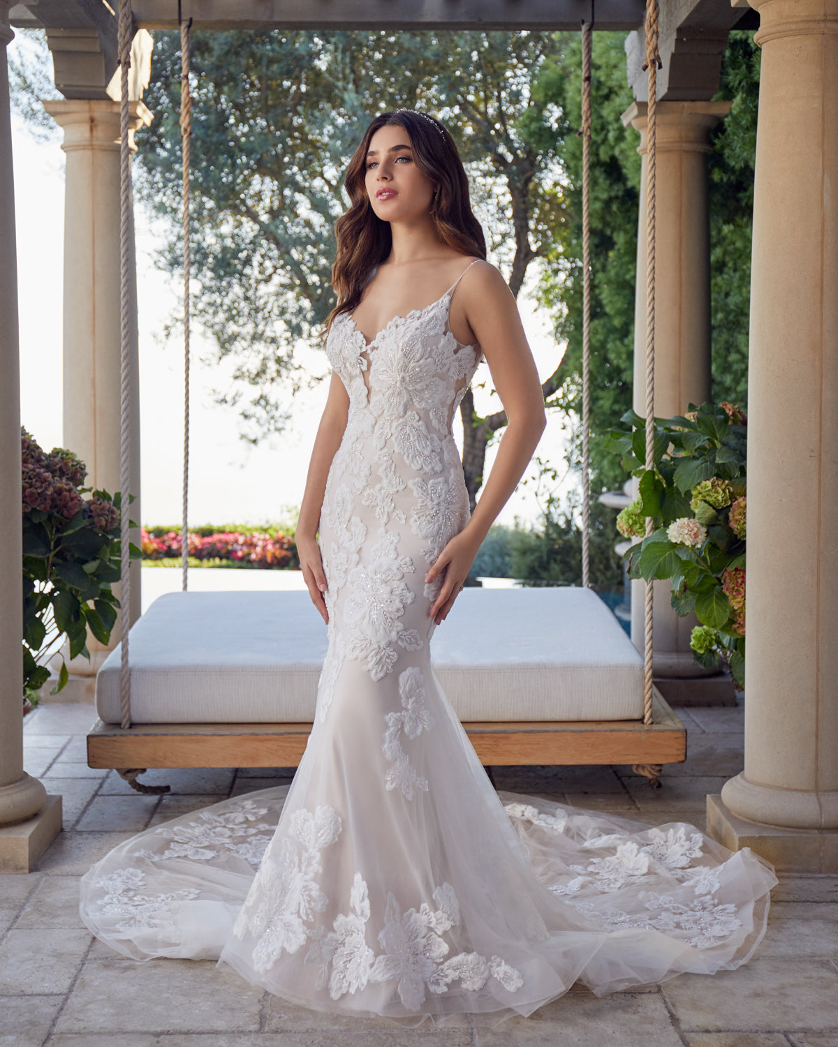 Casablanca bridal 2447 beaded floral lace fitted v neckline royal length train.