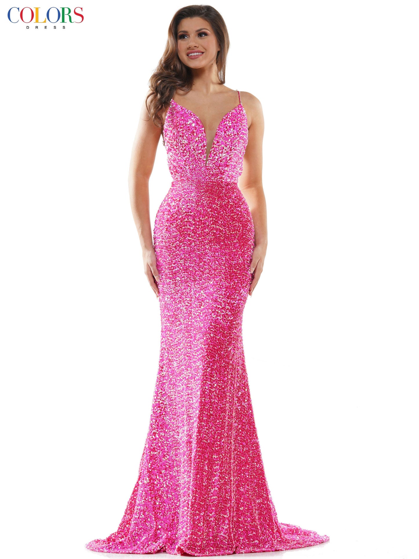 Colors Dress 2459 Long Sequin Backless Prom Dress Formal Pageant Gown Crystal Strap  Available Sizes: 0-16  Available Colors: Hot Pink, Silver, Off White
