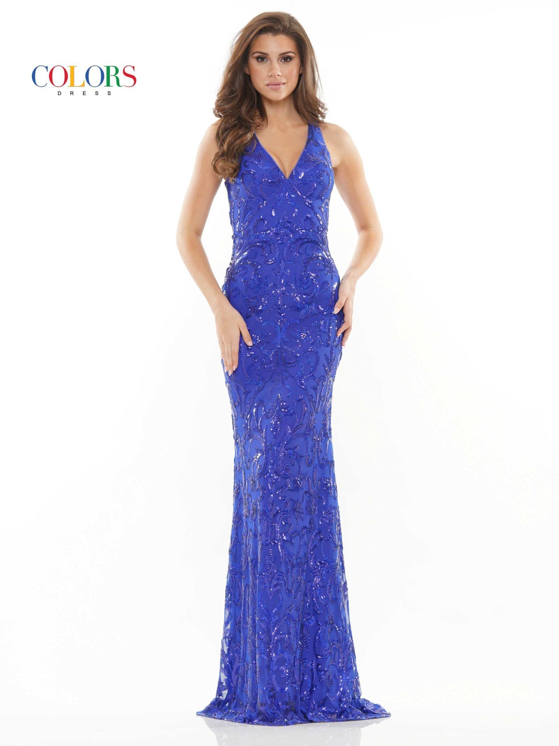 Colors 2520 Long Fitted Sequin Prom Dress Open Back Pageant Gown V Neckline 47″ Patterned sequin jersey dress with V neck, fitted skirt and cross back detail  Available Sizes: 2-24  Available Colors: Wine, Royal, Off White, Black