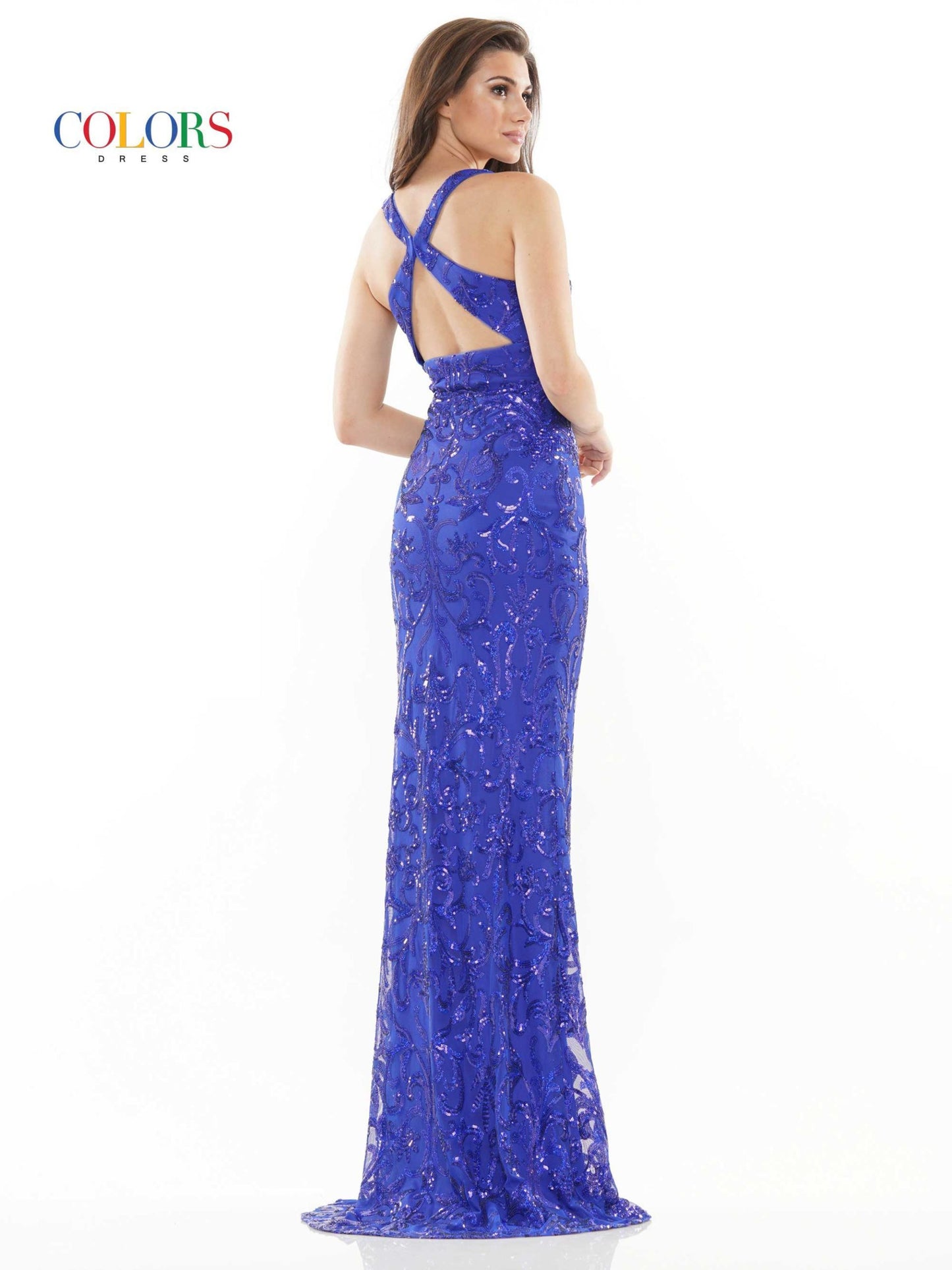 Colors 2520 Long Fitted Sequin Prom Dress Open Back Pageant Gown V Neckline 47″ Patterned sequin jersey dress with V neck, fitted skirt and cross back detail  Available Sizes: 2-24  Available Colors: Wine, Royal, Off White, Black