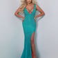 Johnathan Kayne 2525 Long fitted jersey Crystal Rhinestone Embellished Formal Dress Pageant gown with Slit in skirt, sweeping train and adjustable Zipper Neckline  Sizes: 00, 0, 2, 4, 6, 8, 10, 12, 14, 16, 18, 20  Colors: Black/Red, Royal/Purple, Teal/Taffy, Black/Gold
