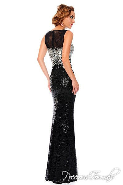 Precious Formals L 46814 in English Blue size 0 sequin sleeveless long prom dress evening gown with a crystal bodice, illusion sweetheart neckline