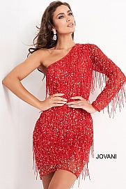 Jovani 2645 short one shoulder cocktail dress fringe embellished fitted long sleeve