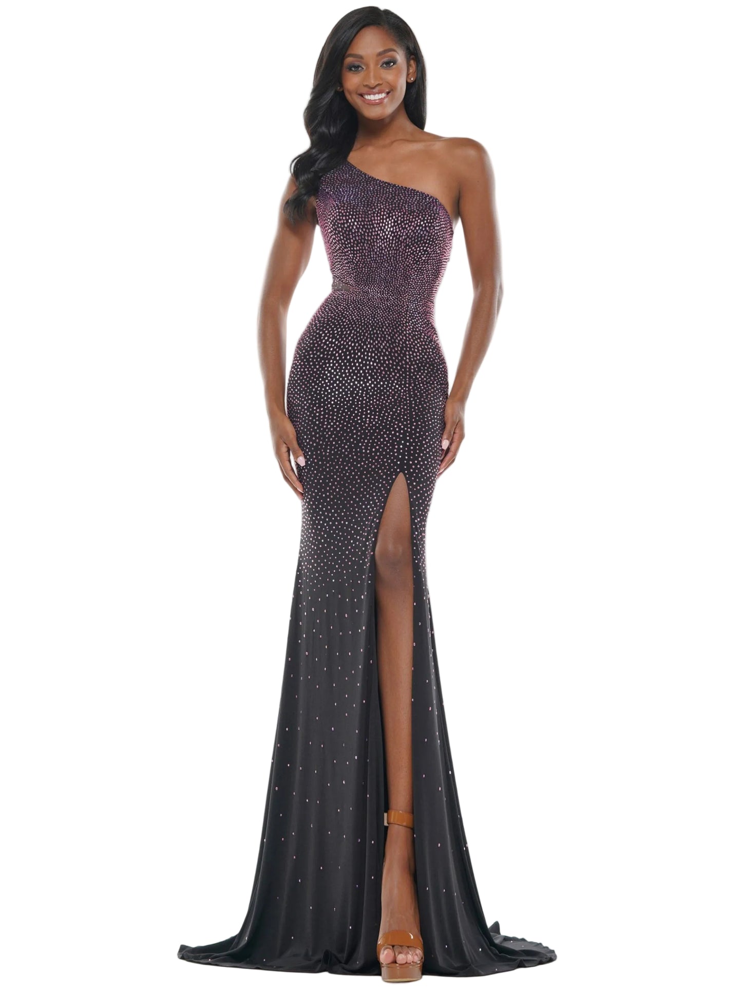Colors 2647 Long Fitted one shoulder Embellished Prom Dress Pageant Gown 47″ one-shoulder jersey fit and flare dress with heat-set stones, side mesh cut out  Available Sizes: 0-22  Available Colors: Black/Hot Pink, Black/Green, Black/Clear