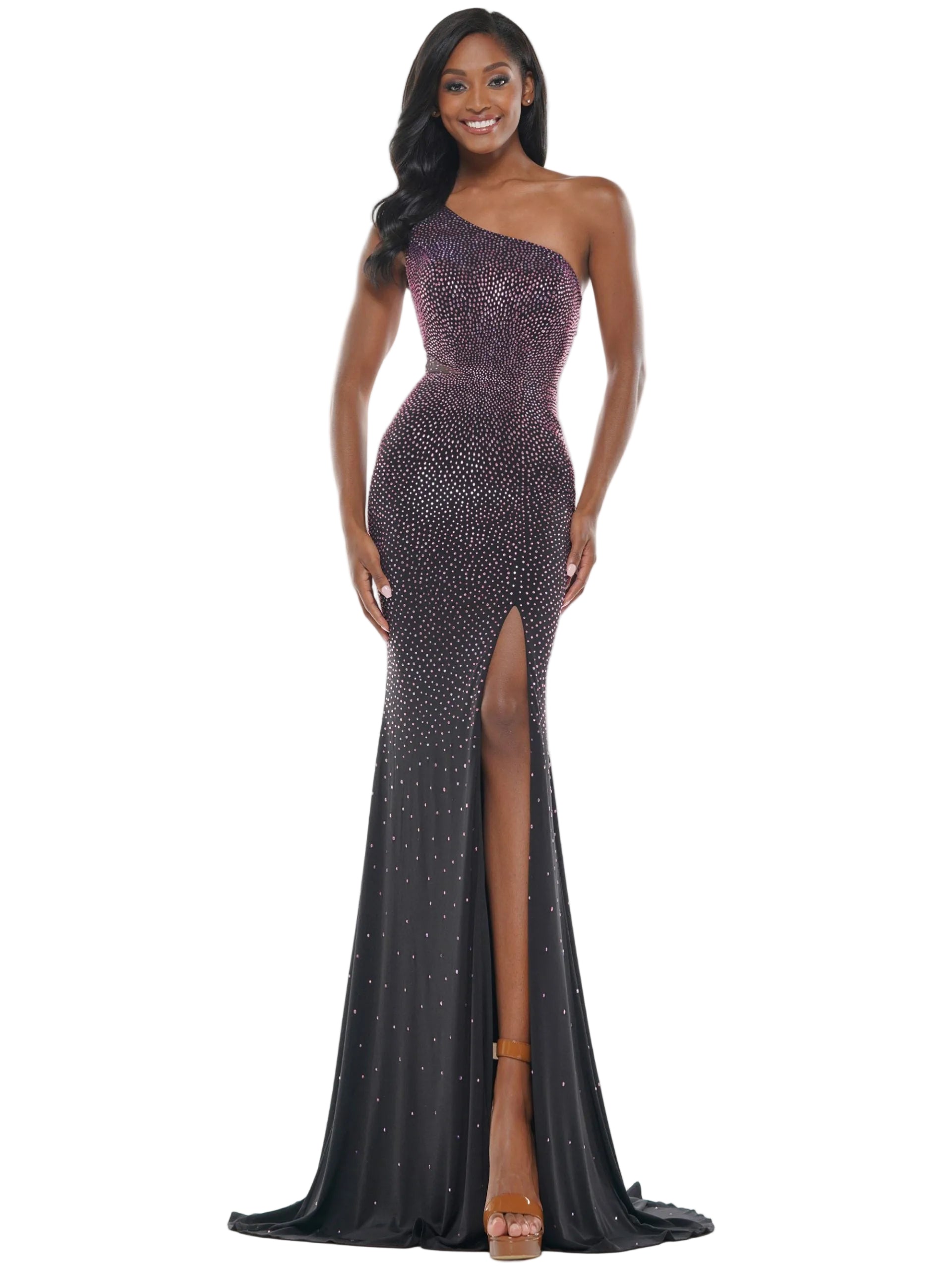 Colors 2647 Long Fitted one shoulder Embellished Prom Dress Pageant Gown 47″ one-shoulder jersey fit and flare dress with heat-set stones, side mesh cut out  Available Sizes: 0-22  Available Colors: Black/Hot Pink, Black/Green, Black/Clear
