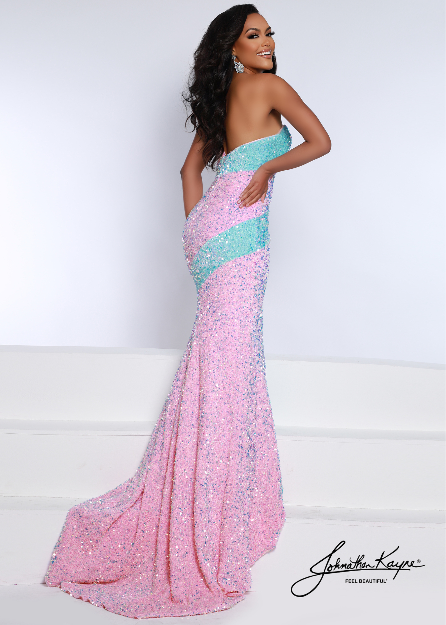 Johnathan Kayne 2659 One Shoulder Velvet Sequin Mermaid Prom Dress Pageant Gown Be daringly different in this two-tone sequin stretch velvet featuring a one-shoulder strap. The fit and flare silhouette is fantastic addition.  Colors: Aqua-White, Black-White, Cotton Candy-AQ, Multi-White  Sizes: 00, 0, 2, 4, 6, 8, 10, 12, 14, 16, 18, 20, 22  Fabric Sequin Stretch Velvet, Stretch Lining