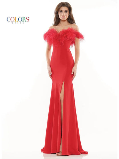 Colors Dress 2663 Long Fitted Feather off the Shoulder Formal Prom Dress Slit Pageant Gown   Sizes: 2-24  Colors: Black, Red, Royal, White, Light Blue, Hot Pink
