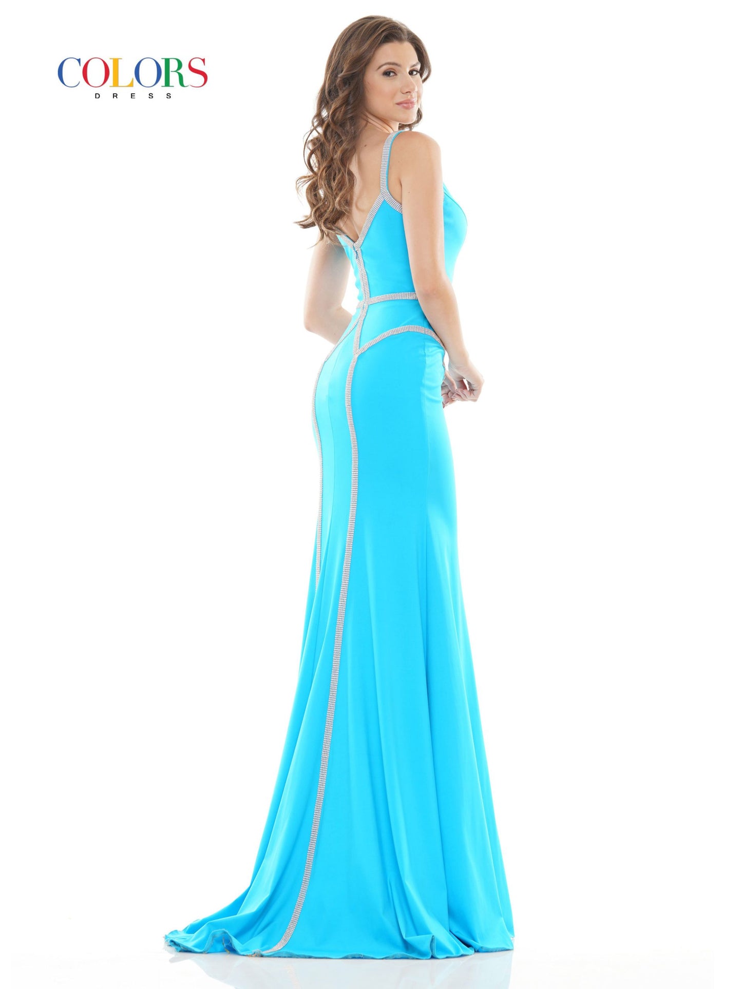 Colors 2696 Long Fitted Crystal Embellished V Neck Prom Dress Pageant Gown   Colors: Red, Hot Pink, Turquoise Sizes: 0-22