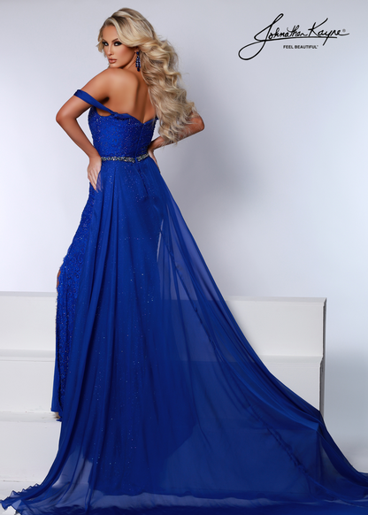 Johnathan Kayne 2715 Size 4 Coral Lace Pageant Dress Overskirt Slit Prom Gown off the Shoulder