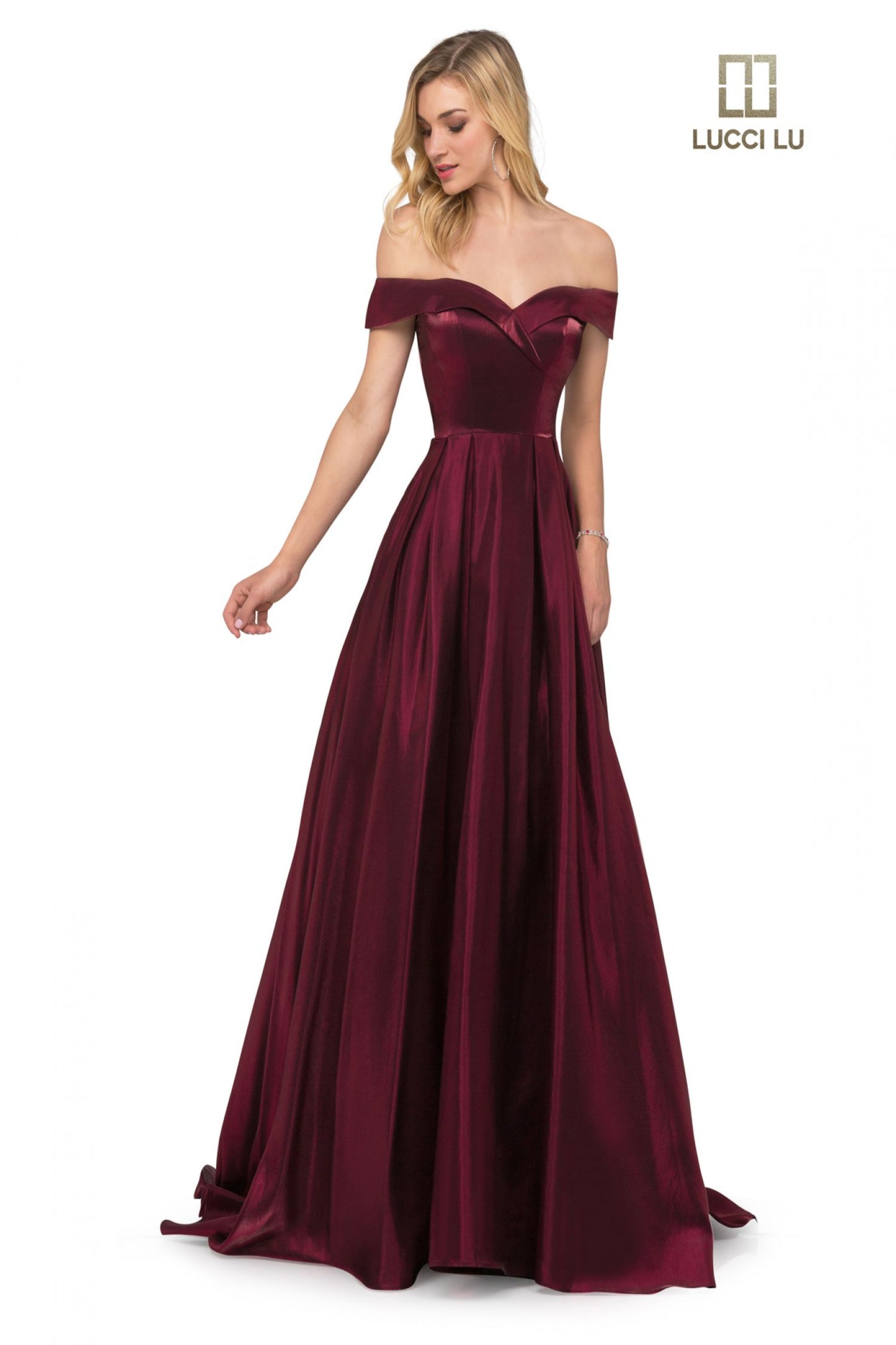 Lucci Lu 28063 Size 14 Claret Formal A Line off the shoulder evening gown Prom Dress Satin off the shoulder Pockets  Available Color: Claret  Available Size: 14