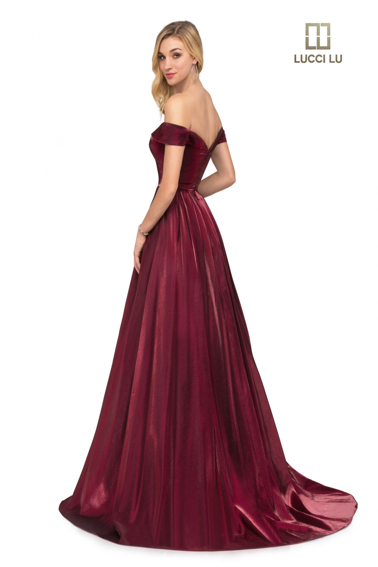 Lucci Lu 28063 Size 14 Claret Formal A Line off the shoulder evening gown Prom Dress Satin off the shoulder Pockets  Available Color: Claret  Available Size: 14