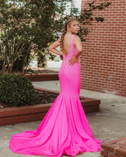 Johnathan Kayne 9213 Size 16 Barbie Pink Prom Dress Stretch Crystal Long Mermaid