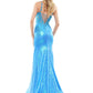 Colors Dress 2848 Iridescent sequins and lace Prom Dress.  47" sequin fit and flare gown with lace applique bodice, 5" horse hair hem and side slit.   Hot Pink, Lavender, Orange, Turquoise  0-22