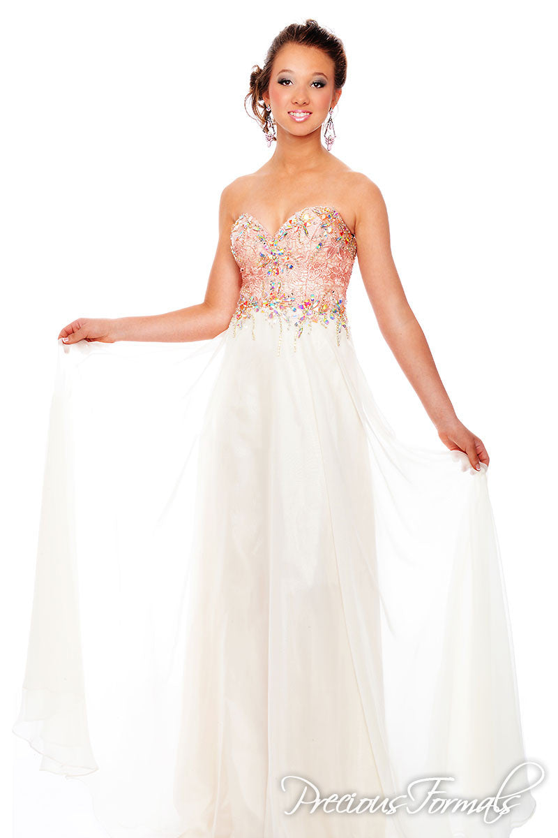 Precious Formals Glam Gurlz style S 53002 is a long chiffon prom gown with hand beaded crystal and lace over sweetheart neckline. Nice evening gown or spring formal dress. 