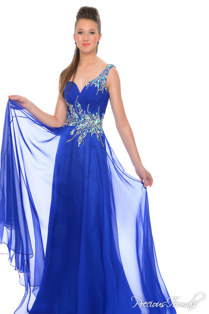 Precious Formals Glam Gurlz style S 53012 is a flowy chiffon prom gown with sweetheart neckline and hand beaded one shoulder crystal strap and elaborate hand beaded detailed waistline pageant dress evening gown 