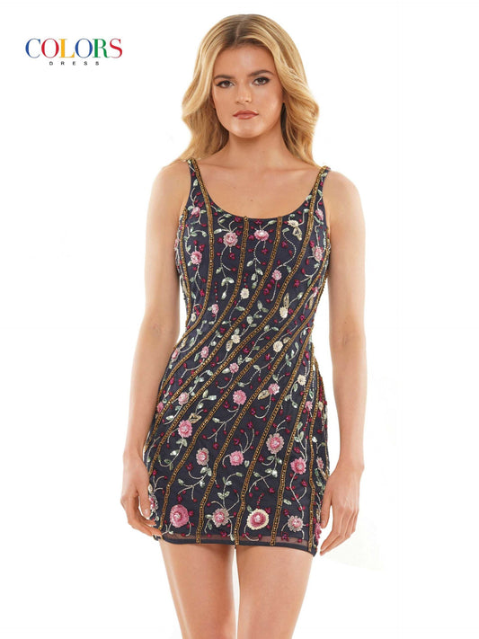 Colors Dress 2903 is a Short fitted 3D Sequin Floral embellished Formal Cocktail Dress Scoop Neck. Great for any formal or semi formal event!  Available Sizes: 0-16  Available Colors: Black, Navy, Nude