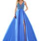 Colors 2966 Long A Line Maxi Slit Ballgown Formal Prom Dress Pageant Gown Pockets V neckline crystal embellished bodice with mesh side panels. Mikado/Beaded Mesh  Available Sizes: 2-24  Available Colors: Light Blue, Red, Royal, Deep Green