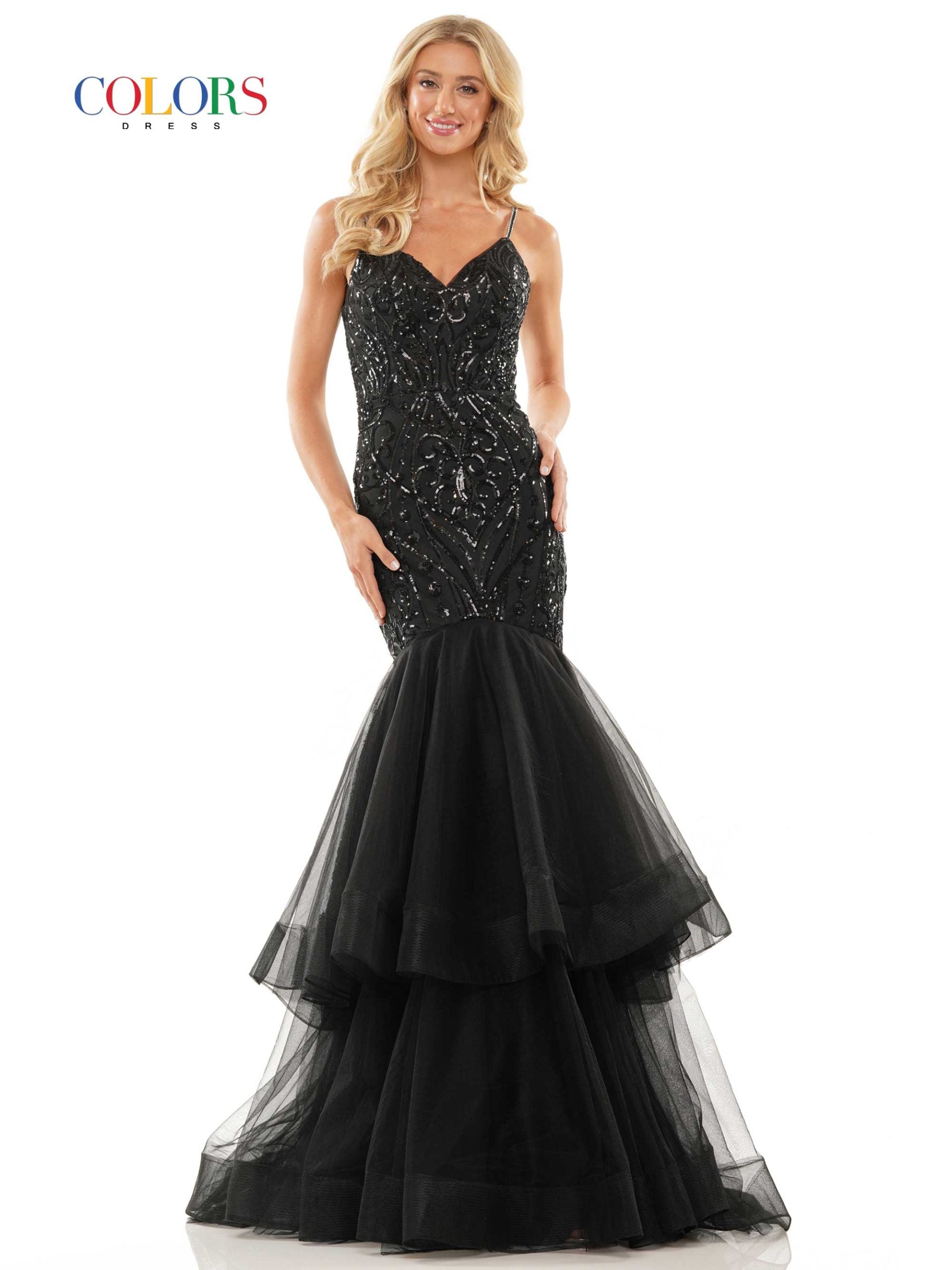 Colors Dress 2978 Fitted Sequin Mermaid Prom Dress Ruffle Layer Formal Gown Corset Back   Color: Black, Royal, Hot Pink, Turquoise Size: 0-22