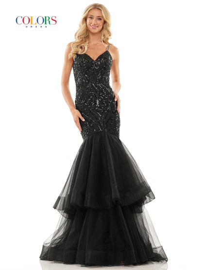 Colors Dress 2978 Fitted Sequin Mermaid Prom Dress Ruffle Layer Formal Gown Corset Back   Color: Black, Royal, Hot Pink, Turquoise Size: 0-22