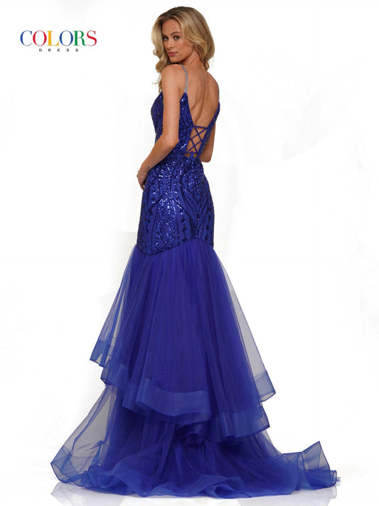 Colors Dress 2978 Fitted Sequin Mermaid Prom Dress Ruffle Layer Formal Gown Corset Back   Color: Black, Royal, Hot Pink, Turquoise Size: 0-22