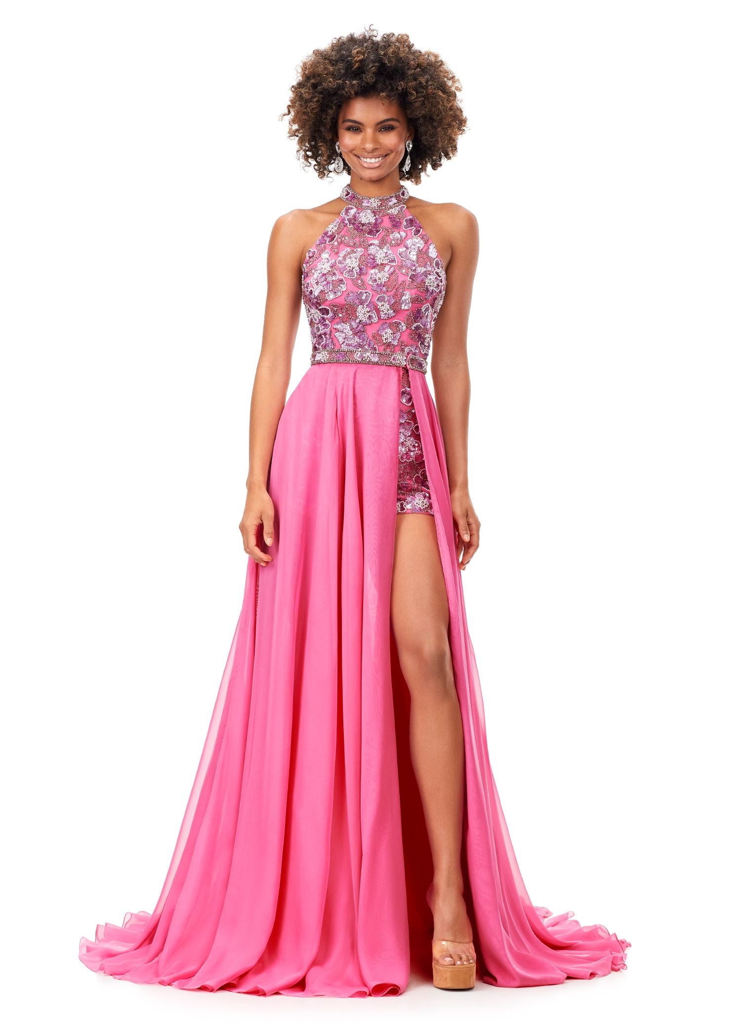 Ashley Lauren 11354 Beaded Halter Romper with Detachable Overskirt Formal Pageant Prom 10 / Orchid/Pink
