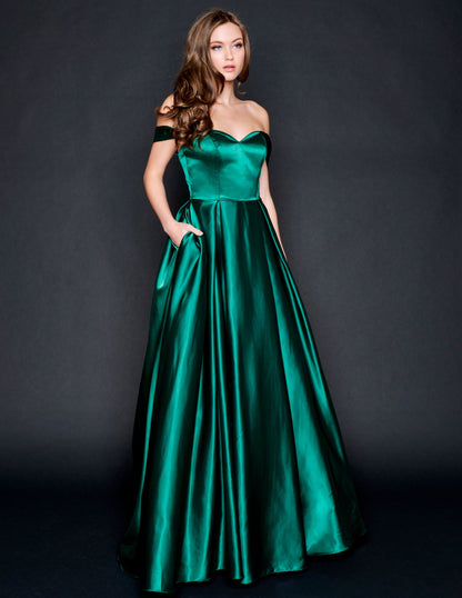 Nina Canacci 5214 Long Satin off the shoulder Ballgown Prom Dress Pageant Gown Pockets  Available Size- 4-24  Available Color-Red, Emerald 