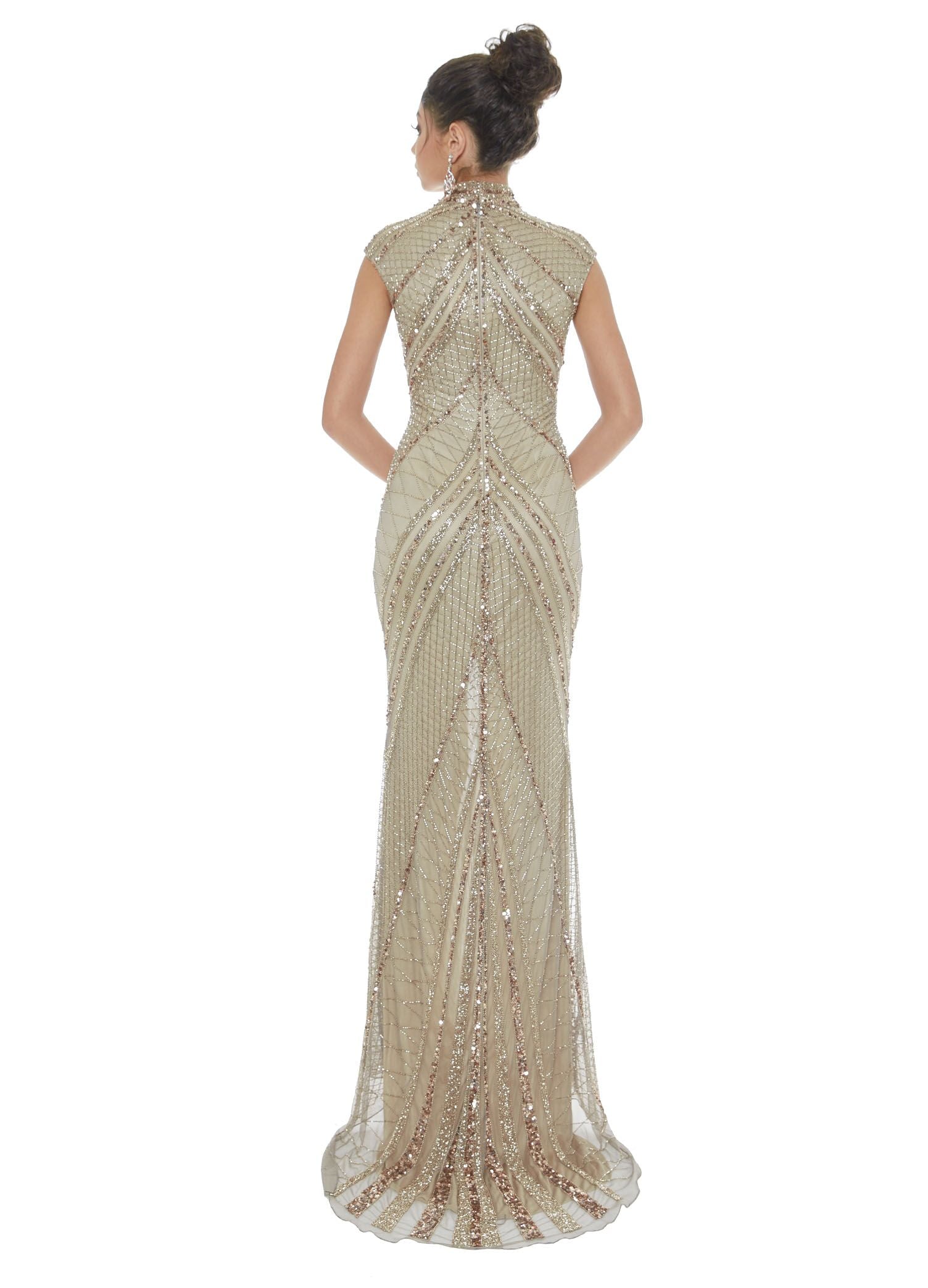 Ashley Lauren 1624 high neckline beaded sequins fitted evening gown with front slit with a figure flattering beaded design pageant gown prom dress