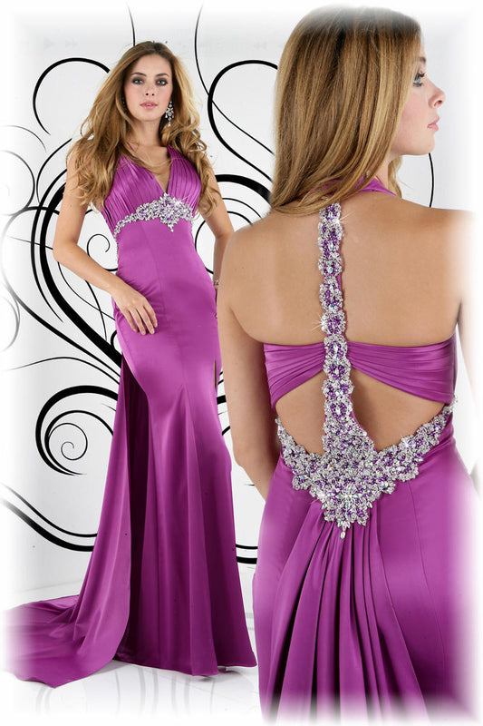 Xcite Prom Dress 30189 Rasberry satin long gown size 12 Halter Crystal Pageant