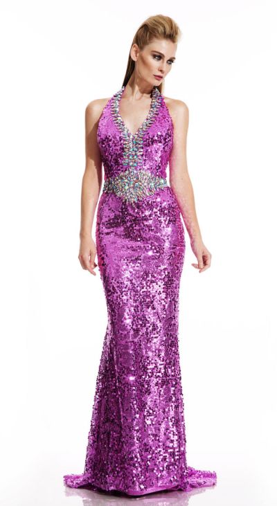 Johnathan Kayne 302 Size 6 Long Sequin Halter Pageant Dress Backless Gown