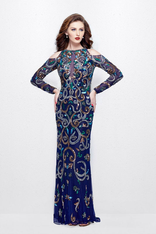 Primavera Couture 3044 long sleeve cold shoulder fully beaded long formal dress evening gown mother of the bride groom dress.  