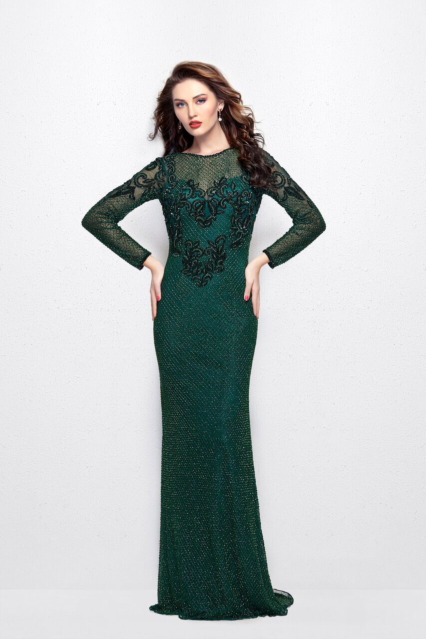 Primavera Couture 3051 size 4 Forest Green Sheer Beaded Long Sleeve Dress Formal Evening