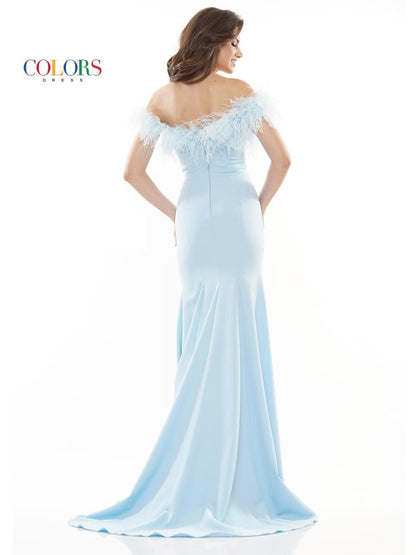 Colors Dress 2663 Long Fitted Feather off the Shoulder Formal Prom Dress Slit Pageant Gown   Sizes: 2-24  Colors: Black, Red, Royal, White, Light Blue, Hot Pink