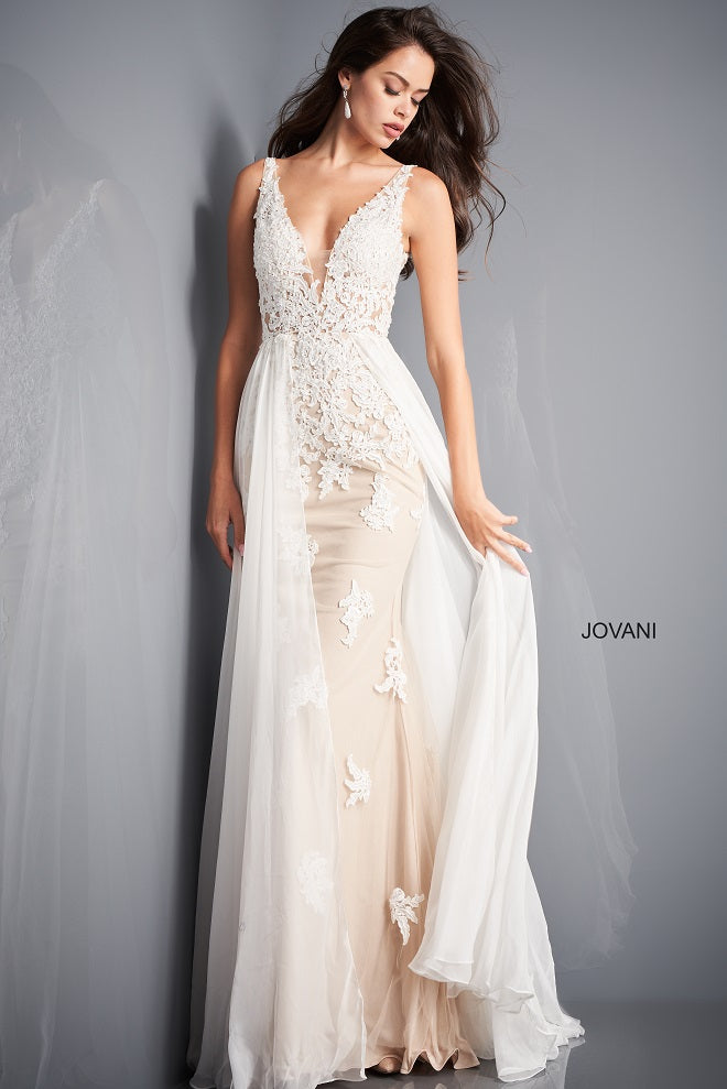 Jovani 3117  This is a beautiful long Wedding Dress with Applique Lace and flowy chiffon overskirt.  In Red makes an beautiful Prom, Pageant or Formal Evening Wear Gown.