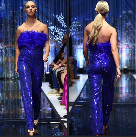 Marc Defang 8176 Size 12 Black Jumpsuit Feather Neckline Sequin Jumpsuit Strapless