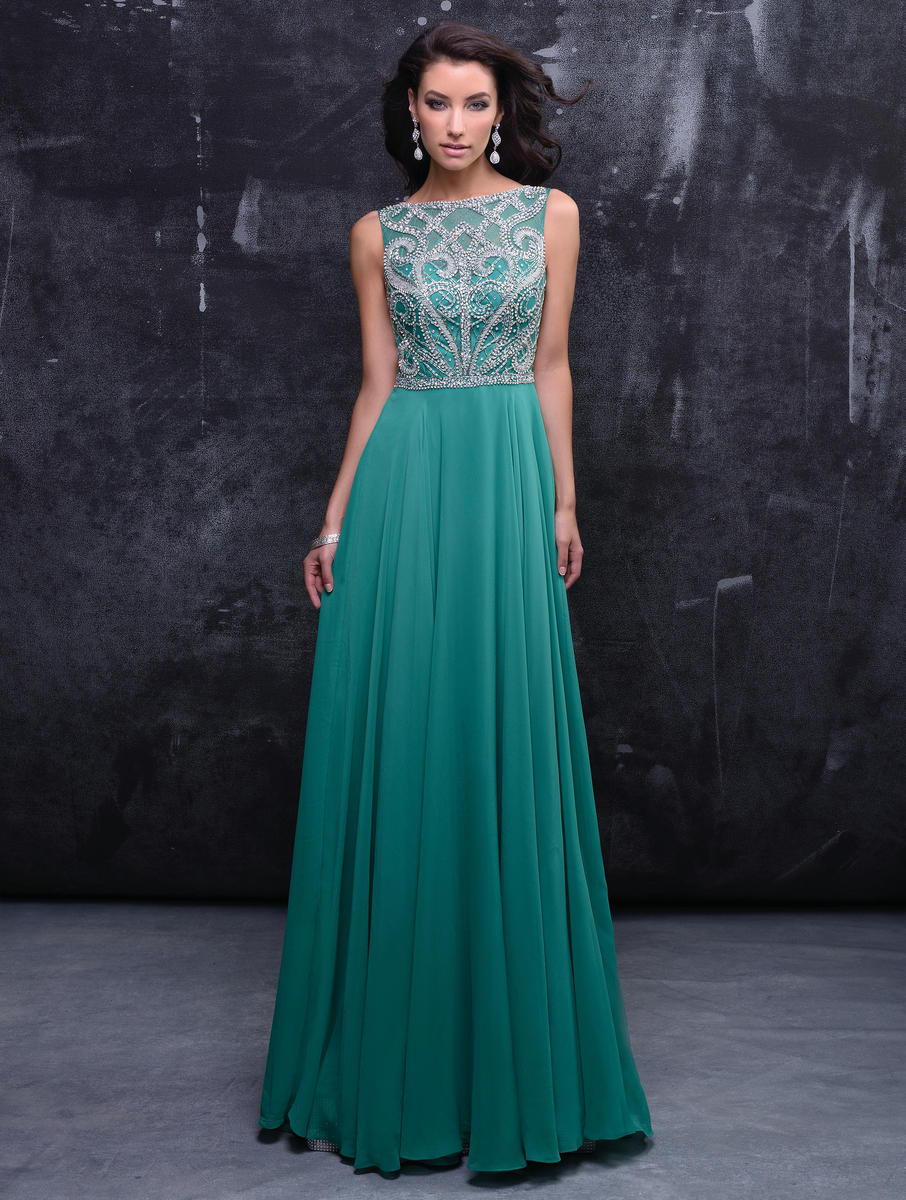 Nina Canacci 3123 Size 2 Long A Line Prom Dress Formal Sheer High Neck Embellished