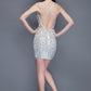 Primavera Couture 3138 plunging v neckline beaded fitted sequins short homecoming dress cocktail dress with open back and criss cross straps. Ivory short prom reception dress. 