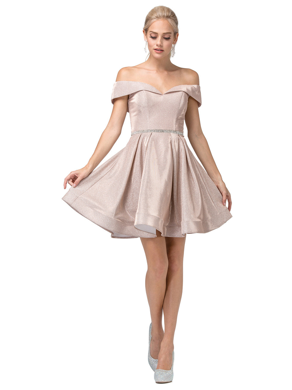 DQ 3147 is a short Shimmering Fit & Flare Short formal cocktail dress. Featuring a sweetheart neckline with full coverage off the shoulder straps. Crystal Rhinestone embellished waist belt. Pocket in flared skirt. Horse hair edged trim. great for homecoming & almost any formal event!