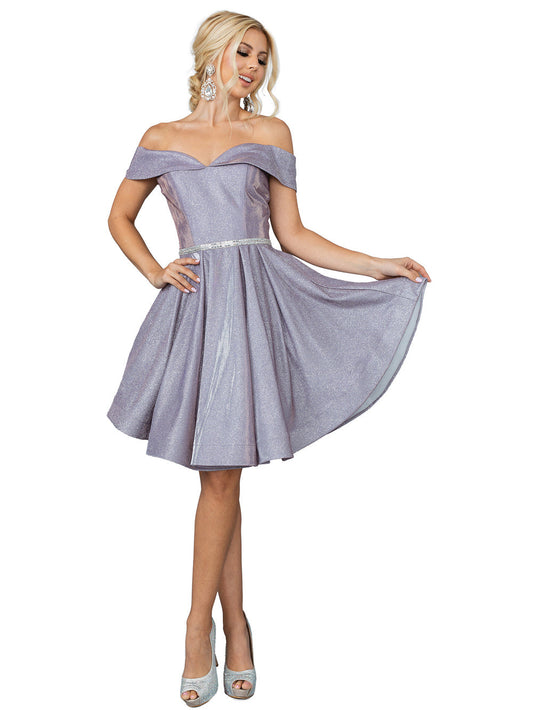 DQ 3147 Size 16 Lilac Short Off the shoulder Shimmer Formal Cocktail Dress flare Pockets Flare