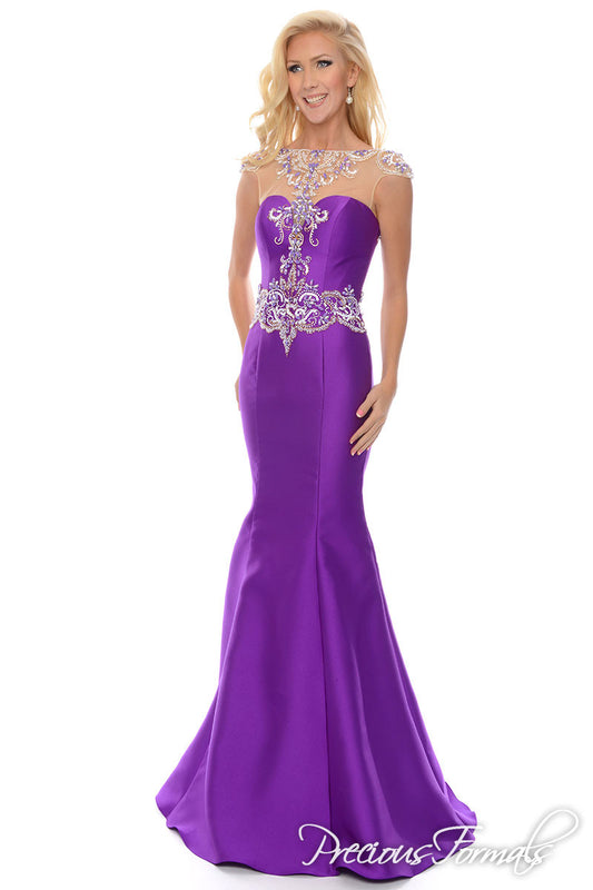 Precious Formals P 70204 is a long elegant mermaid dress with illusion hand beaded top and beaded waist details with cap sleeves and open back.   fabric:  Mikado  colors:  Purple  size: 2