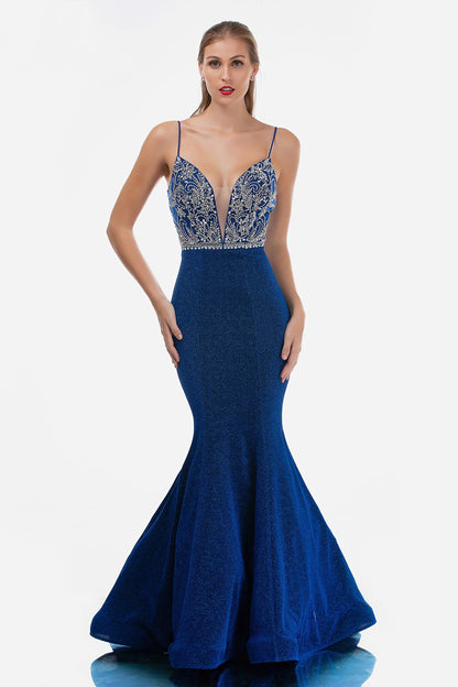 Nina Canacci 3160 is a long Glitter Knit Long Fitted Mermaid Fit & Flare Silhouette Prom Dress with a lush trumpet skirt and sweeping train. Embellished Crystal Rhinestone bodice with a deep V plunging neckline and spaghetti straps. Great Pageant Dress  Available Sizes: 0-16  Available Colors: Royal