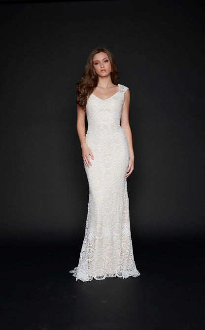 Nina Canacci 3171 Ivory Nude Boho Wedding Dress Boho Lace Cap Sleeves Destination Bridal Gown