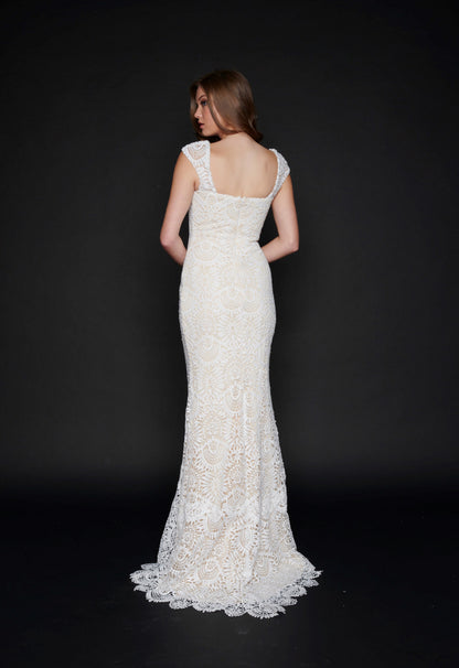 Nina Canacci 3171 Ivory Nude Boho Wedding Dress Boho Lace Cap Sleeves Destination Bridal Gown