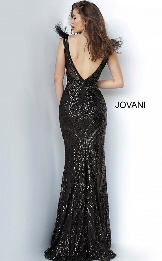 Jovani 3180 is a sequin prom dress, pageant gown & Formal evening wear. This gown features a sheer sequin embellished corset bodice with a plunging neckline. feathers accent the shoulder straps leading to an open v back. Embellished Waist belt.   Available Colors: black, merlot, navy, white  Available Sizes: 00,0,2,4,6,8,10,12,14,16,18,20,22,24