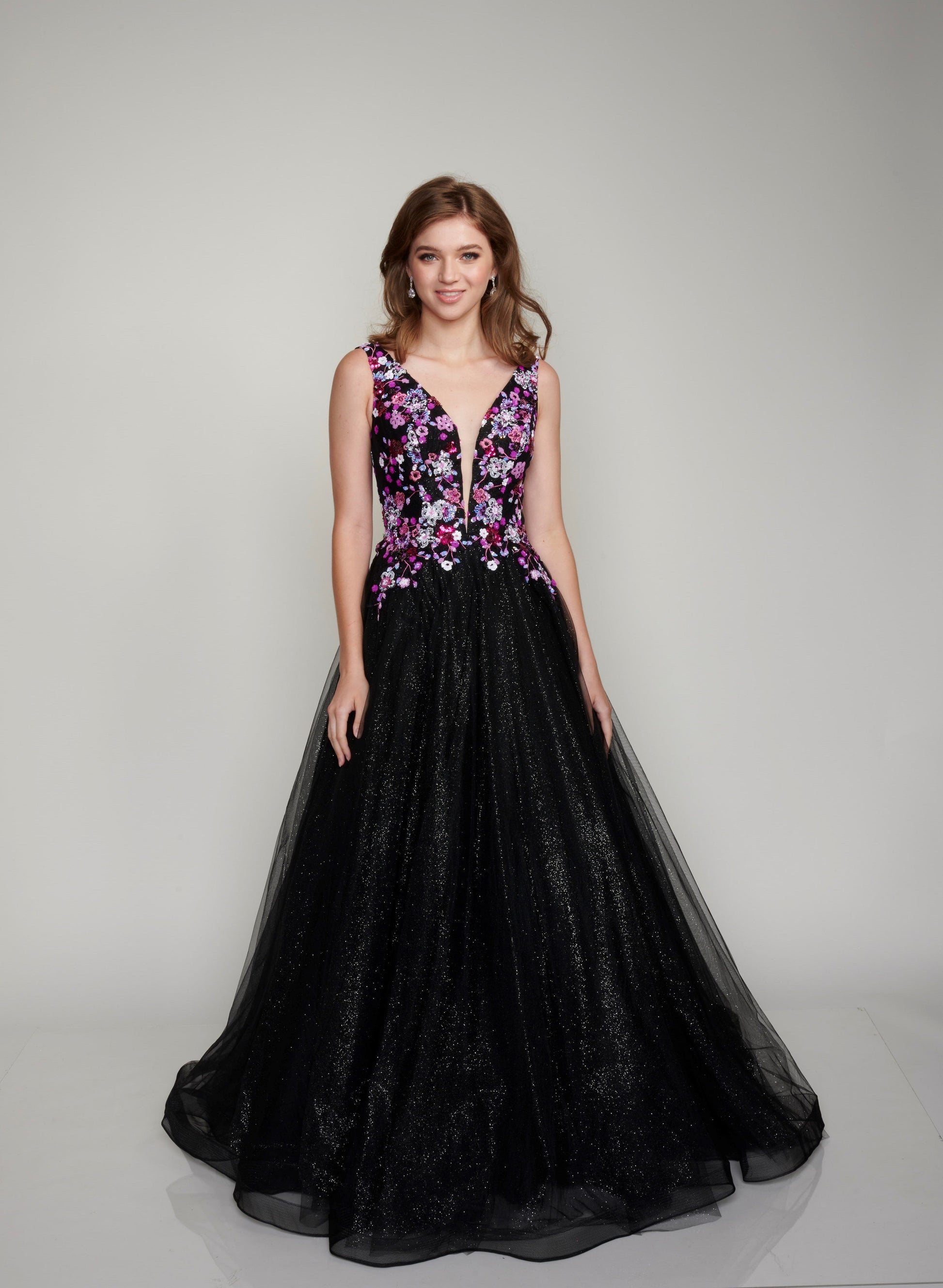Nina Canacci 3184 Long Ballgown Prom Pageant Gown Floral shimmer Formal Dress  Available Size-2-18  Available Color- Black/Multi