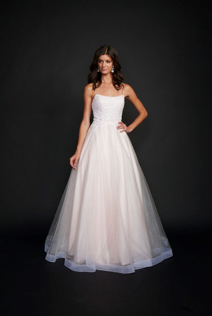 Nina Canacci 3203 Long shimmering lace Ballgown Prom Dress Pageant Gown Sheer shimmer embellished lace back with corset. Glitter tulle ballgown skirt  Available Size- 2, 8, 10, 14  Available Color- Light Pink