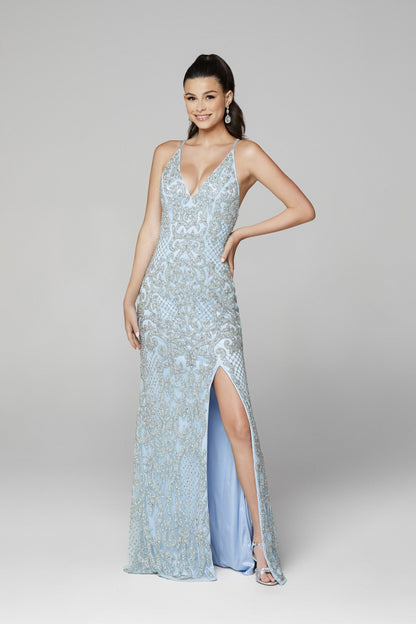 Primavera Couture 3214 Long Fitted Fully Beaded & Embellished formal evening gown. Prom Dress, Pageant Gown Evening gown. Backless with thigh slit and deep v neckline embellished spaghetti straps. v neckline criss cross back fully beaded prom dress with side slit. Great Wedding reception dress in Ivory!  Available Colors: YELLOW, FORREST GREEN, LILAC, POWDER BLUE, TEAL, BLUSH SILVER, RASPBERRY, IVORY, BLACK, BURGUNDY, MIDNIGHT  Available Sizes: 00-18