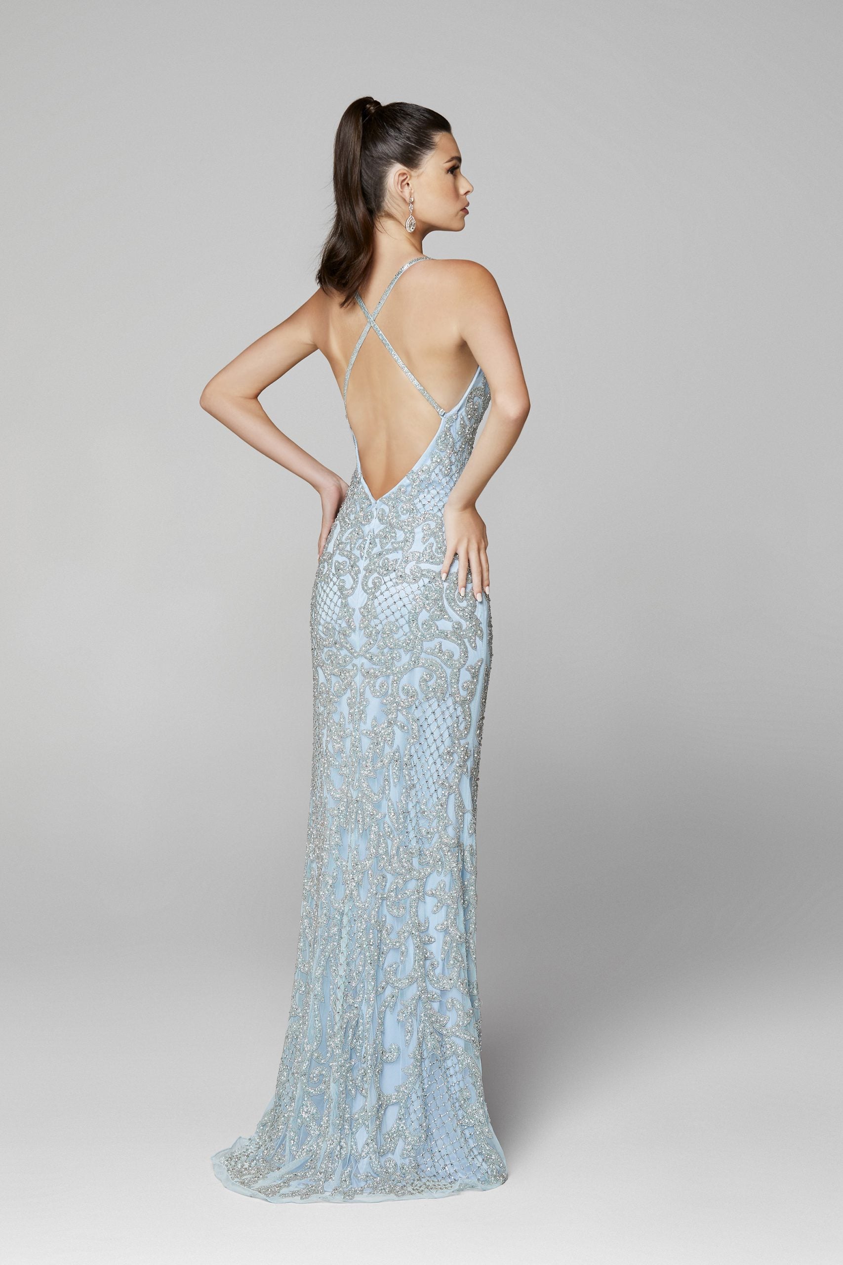 Primavera Couture 3214 Long Fitted Fully Beaded & Embellished formal evening gown. Prom Dress, Pageant Gown Evening gown. Backless with thigh slit and deep v neckline embellished spaghetti straps. v neckline criss cross back fully beaded prom dress with side slit. Great Wedding reception dress in Ivory!  Available Colors: YELLOW, FORREST GREEN, LILAC, POWDER BLUE, TEAL, BLUSH SILVER, RASPBERRY, IVORY, BLACK, BURGUNDY, MIDNIGHT  Available Sizes: 00-18